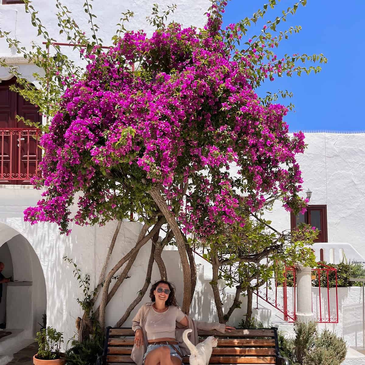 Sophie Vériter on a bench in Mykonos
