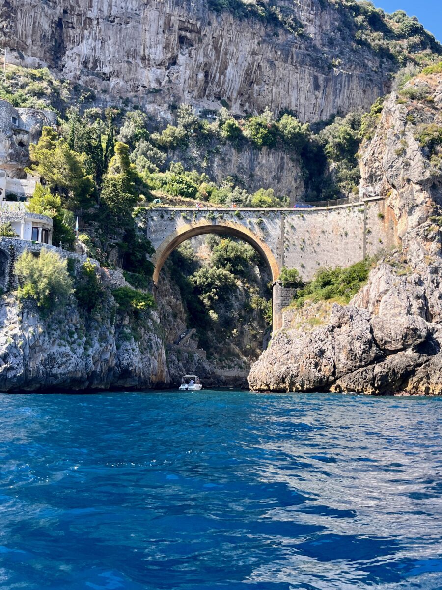 view of Fiordo di Furore bridge on the Amalfi Coast from the sea