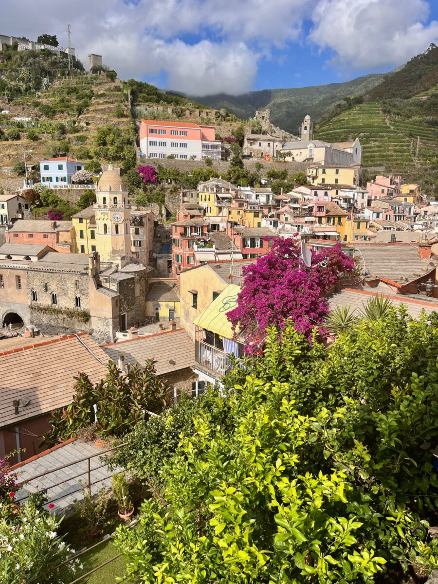 view of the town of Vernazza in Cinque Terre, Italy from a terrace