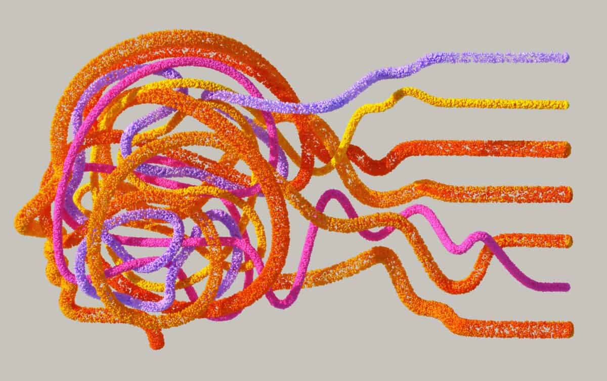 3D image of orange and purple colours forming the contour of a face