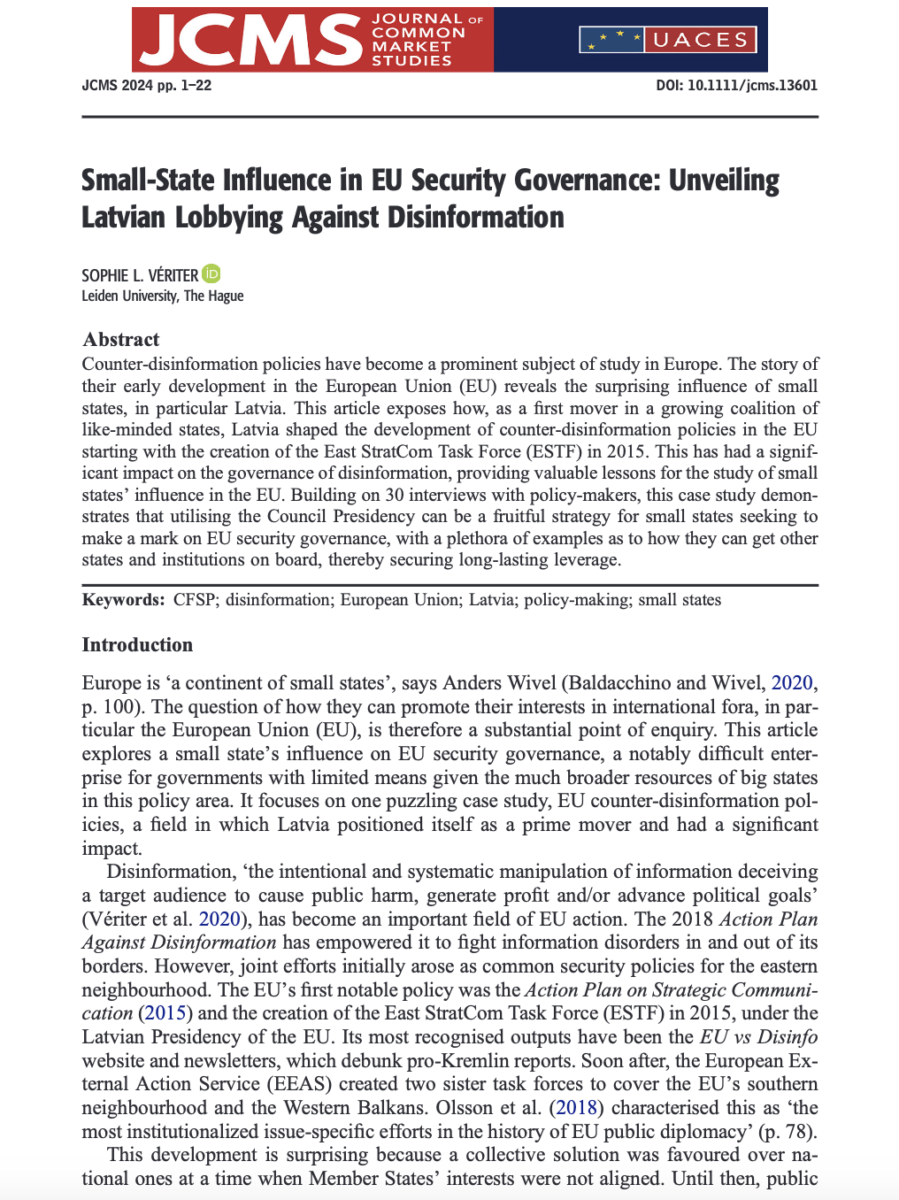 Vériter, S. L. (2024). Small-State Influence in EU Security Governance: Unveiling Latvian Lobbying Against Disinformation. JCMS: Journal of Common Market Studies.