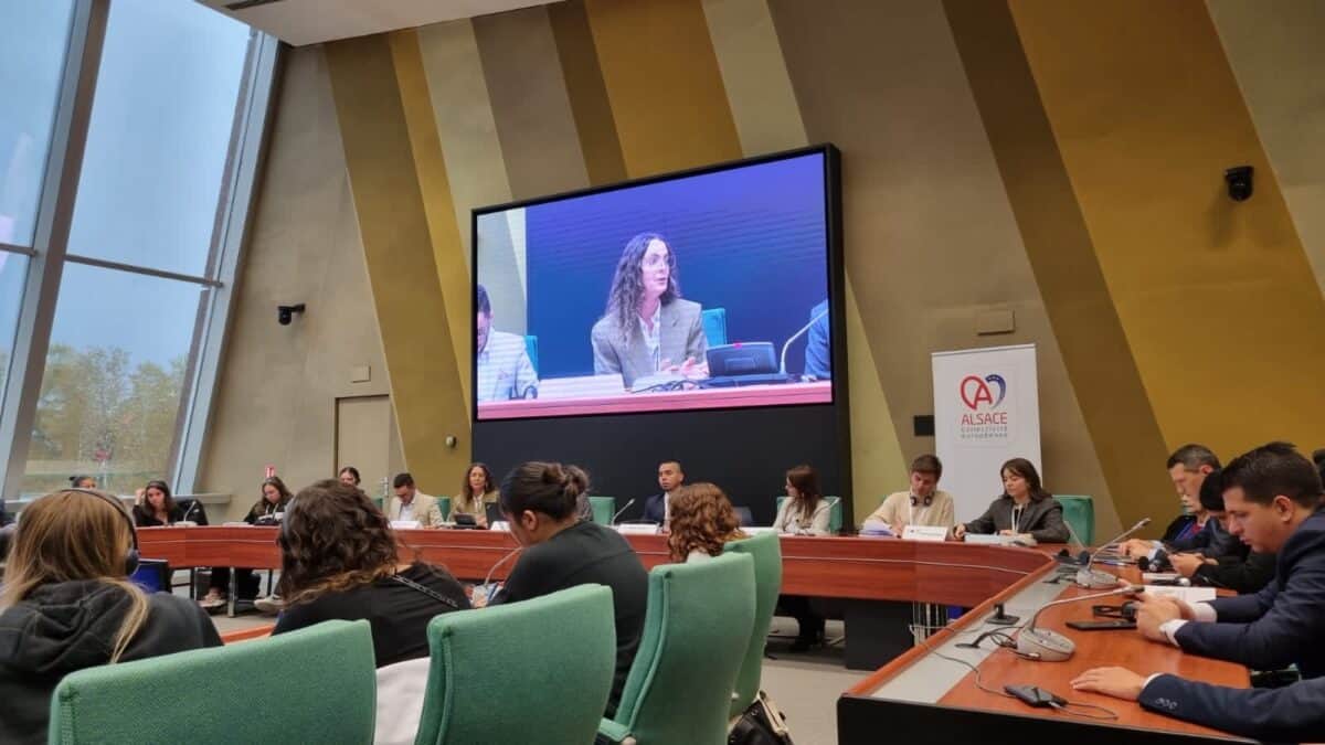 Innovative conference room with large digital screen showing a woman speaking at a European Union event, modern interior, natural daylight, and diverse attendees, promoting European diplomacy and international collaboration.