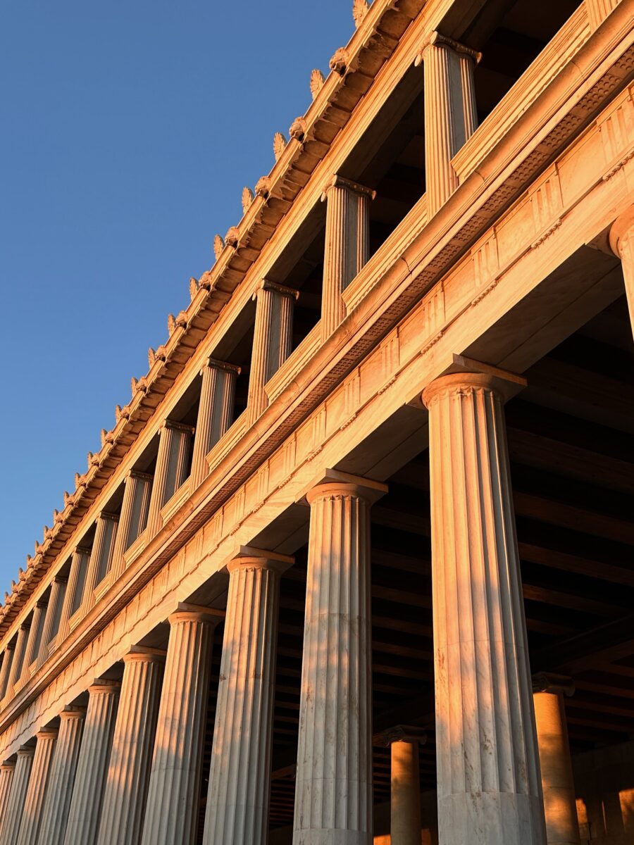 a view of the ancient agora of Athens at sunset