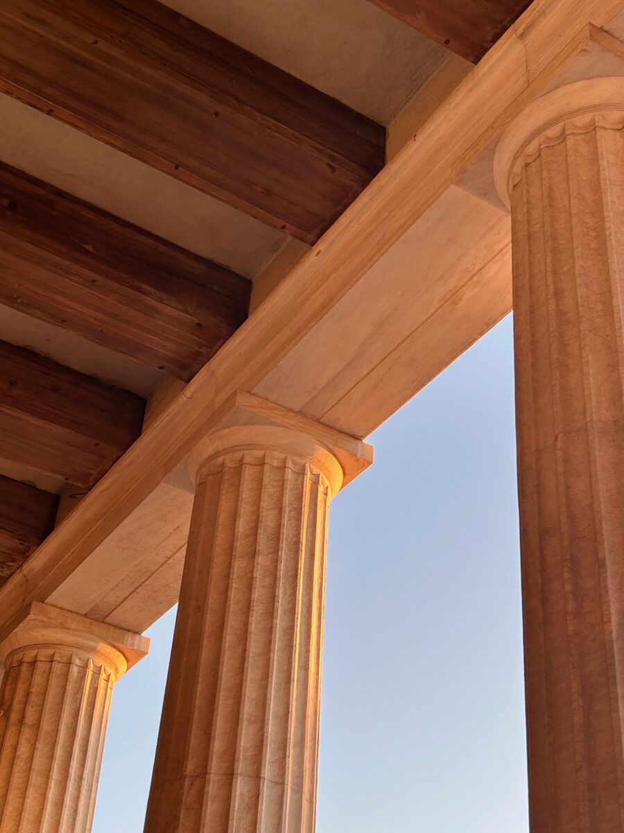 close up view of the building of Athens Agora at sunset