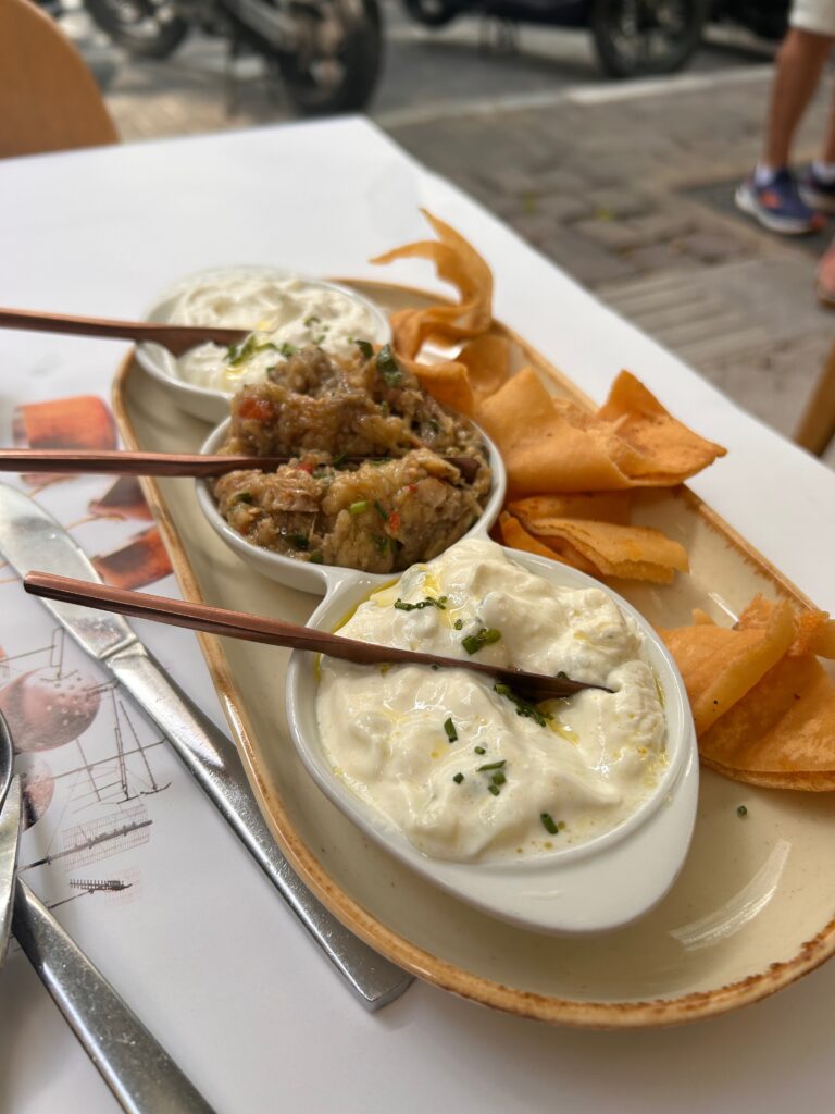 traditional Greek dips served on a restaurant table in Athens