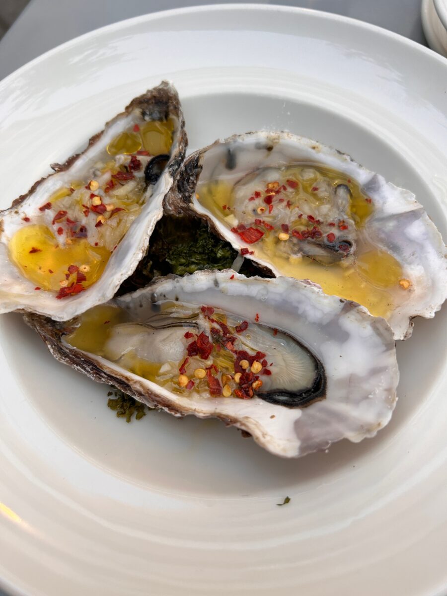 a plate of three oysters with oil and spices