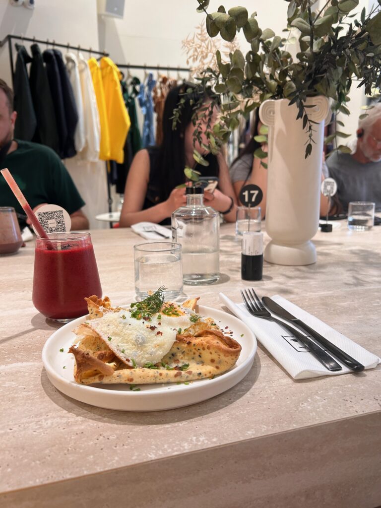 a brunch plate in a lively restaurant of Athens, Greece
