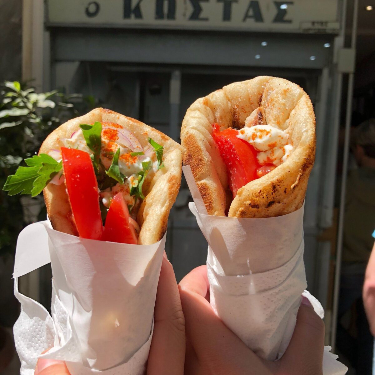two traditional Greek souvlaki wrapped in pita bread