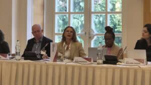 Sophie Veriter, Ben O'Loughlin, and Sandra Makumbirofa at the Milton Wolf Seminar on media and Diplomacy in Vienna, April 2025