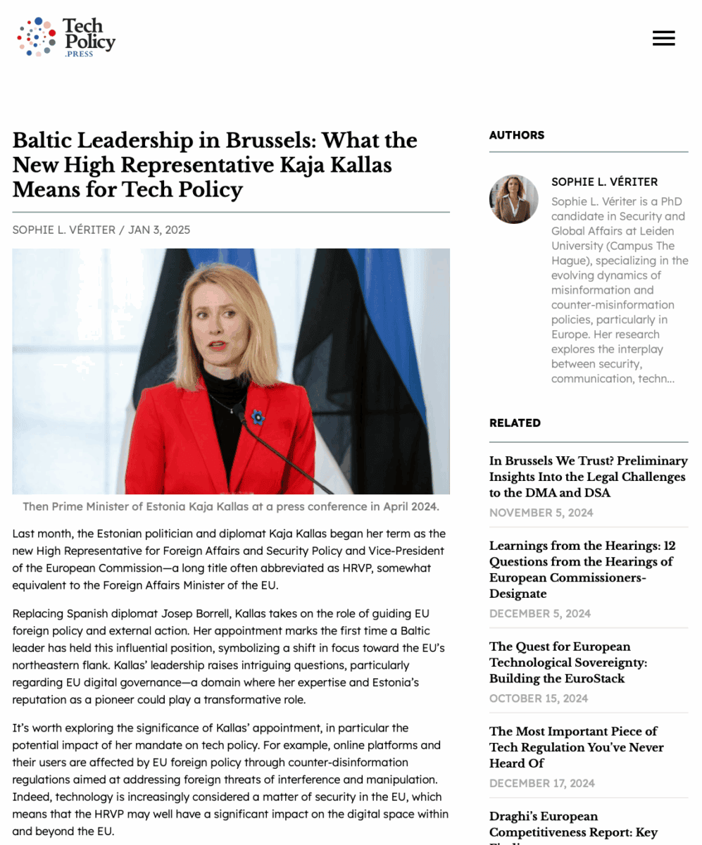 cover of the article "Baltic Leadership in Brussels: What the New High Representative Kaja Kallas Means for Tech Policy" in Tech Policy Press by Sophie L Veriter