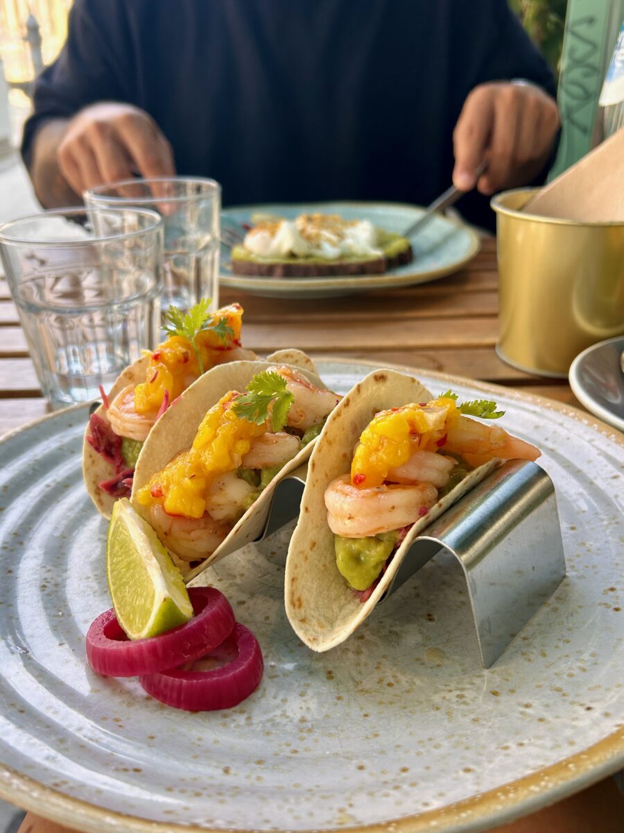 shrimp tacos in a trendy cafe of Porto