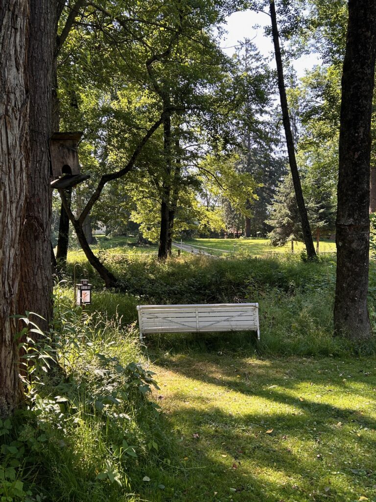 a white bench in a lush garden of the mountains of Transylvania