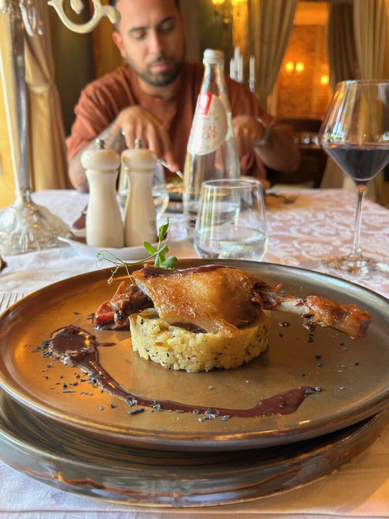 A dedicate dish made of duck and potatoes, served inside the castle of Zabola Estate