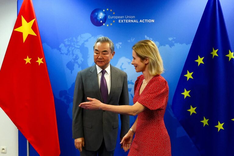 Kaja Kallas, the European Union's high representative for foreign affairs and security policy, and Chinese Foreign Minister Wang Yi, in Brussels, on July 2, 2025