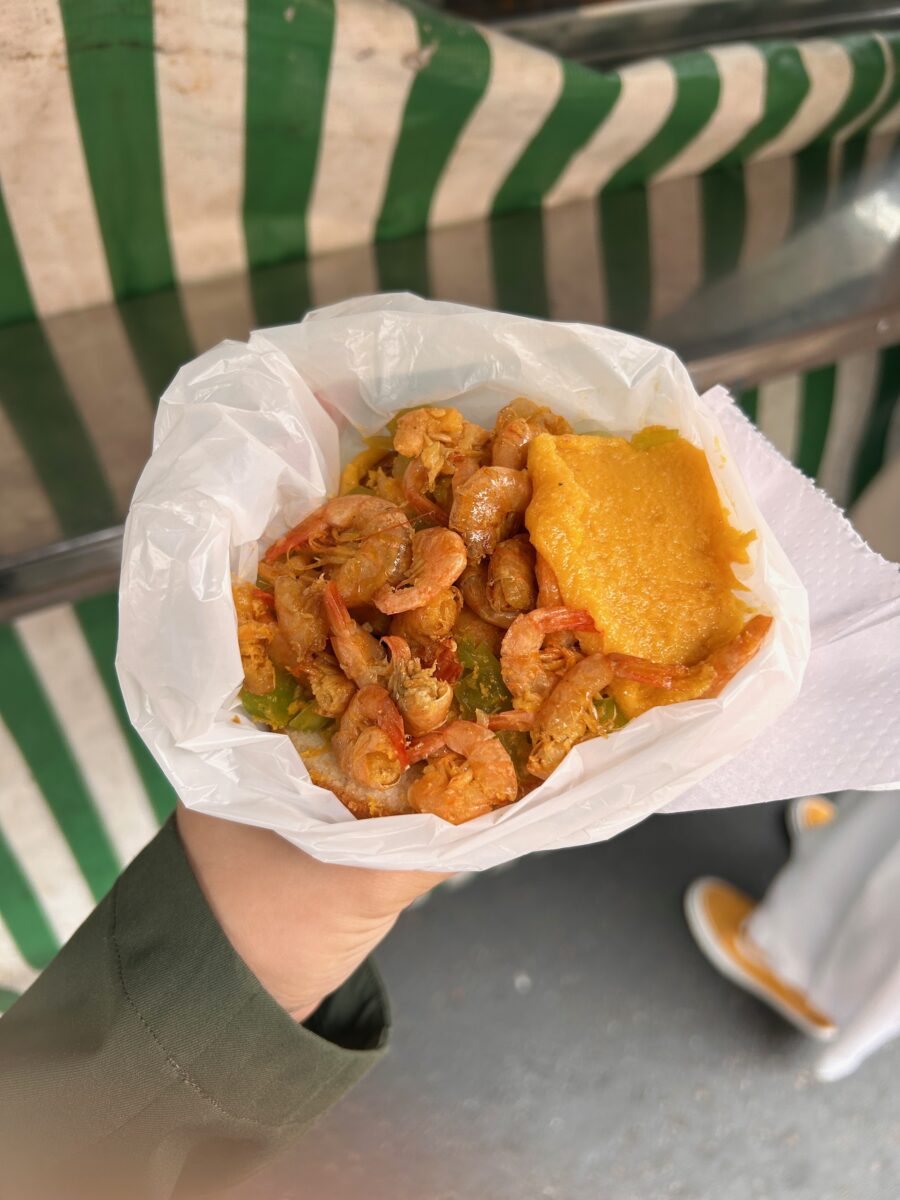 view over a traditional Brazilian dish with shrimps at Feira Hippie in Minas Gerais